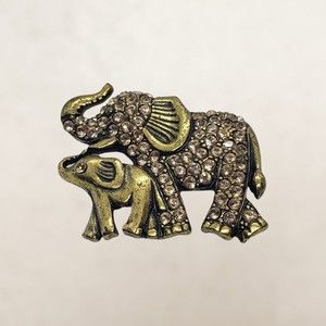 Vintage Elephant & Baby Brooch Gold Toned W Rhinestones Trunks Up